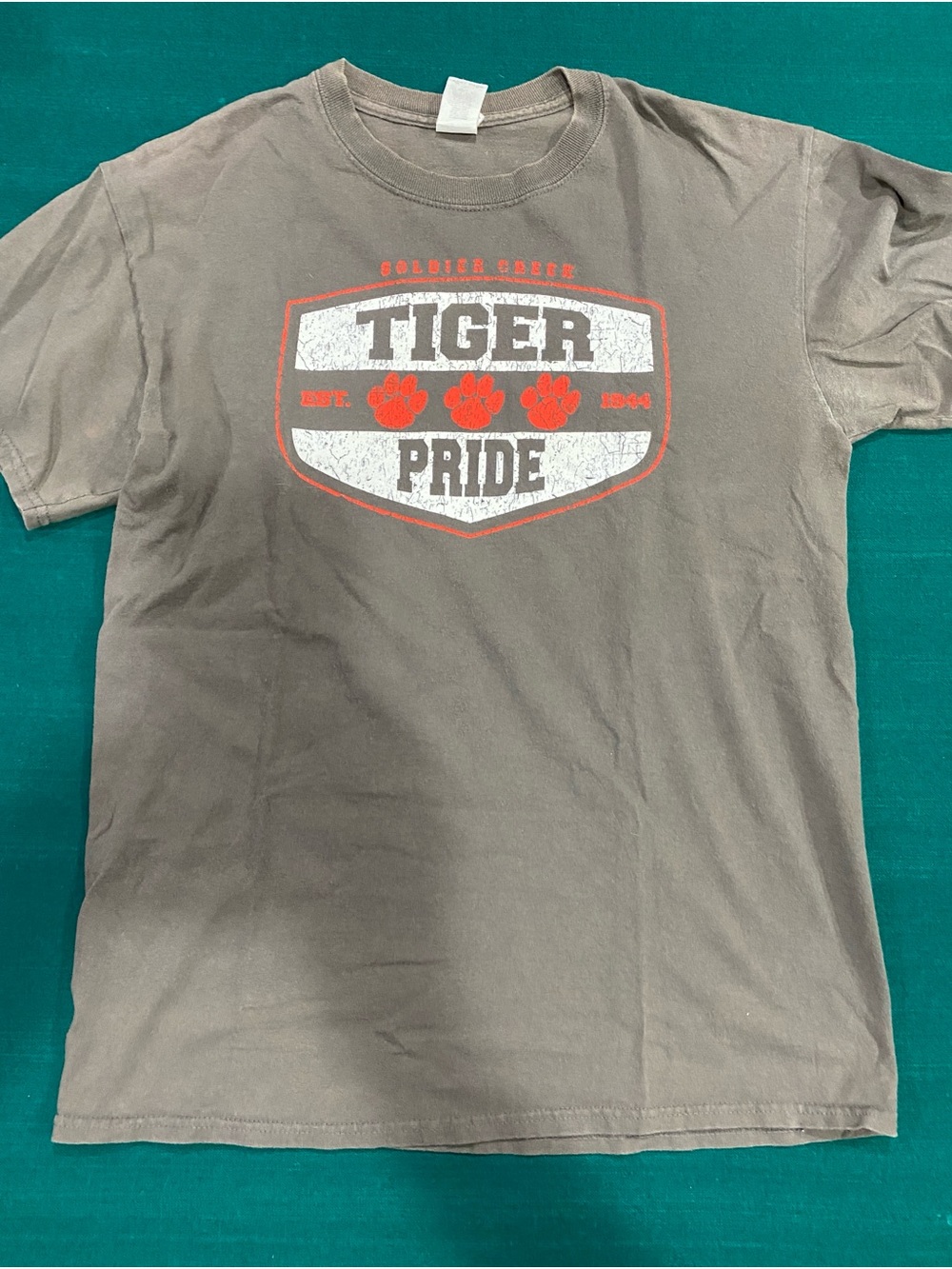 Dark Gray Short Sleeve Tee with White & Red Soldier Creek Tiger Pride Shield